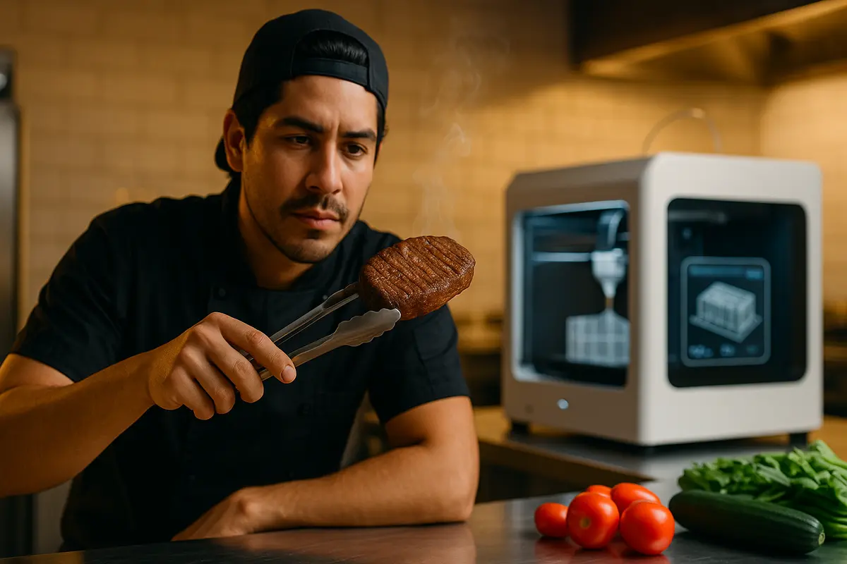 Chef prueba carne vegetal impresa en 3D