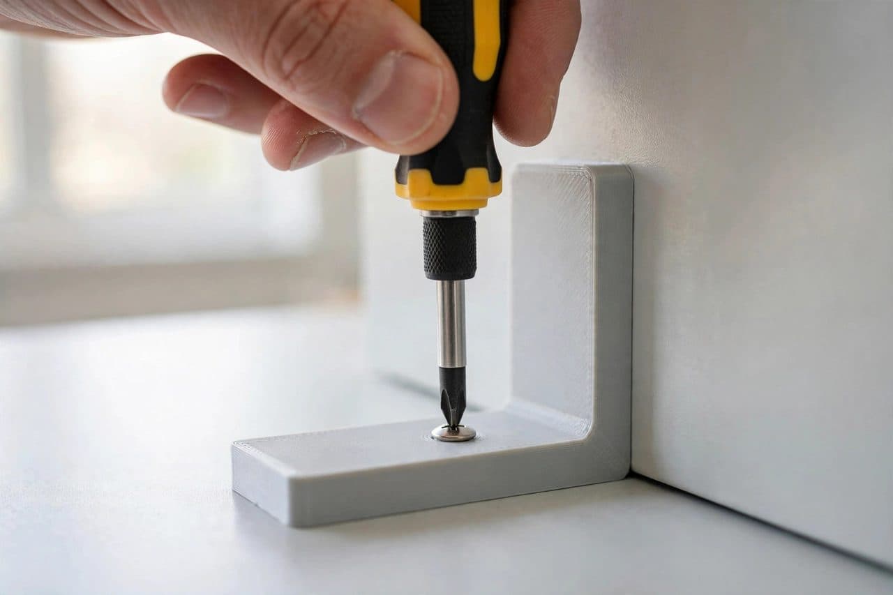 Soporte en L impreso en 3D siendo atornillado con encaje exacto