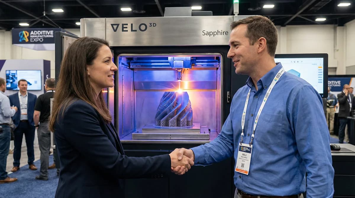 Feria de tecnología 3D con exhibición de impresoras industriales y soluciones de manufactura aditiva