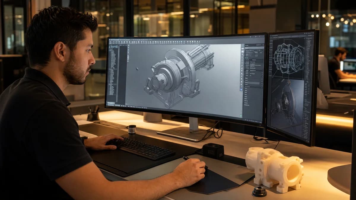 Software de modelado 3D 2026 - diseñador industrial trabajando en estación profesional con herramientas CAD y renders holográficos